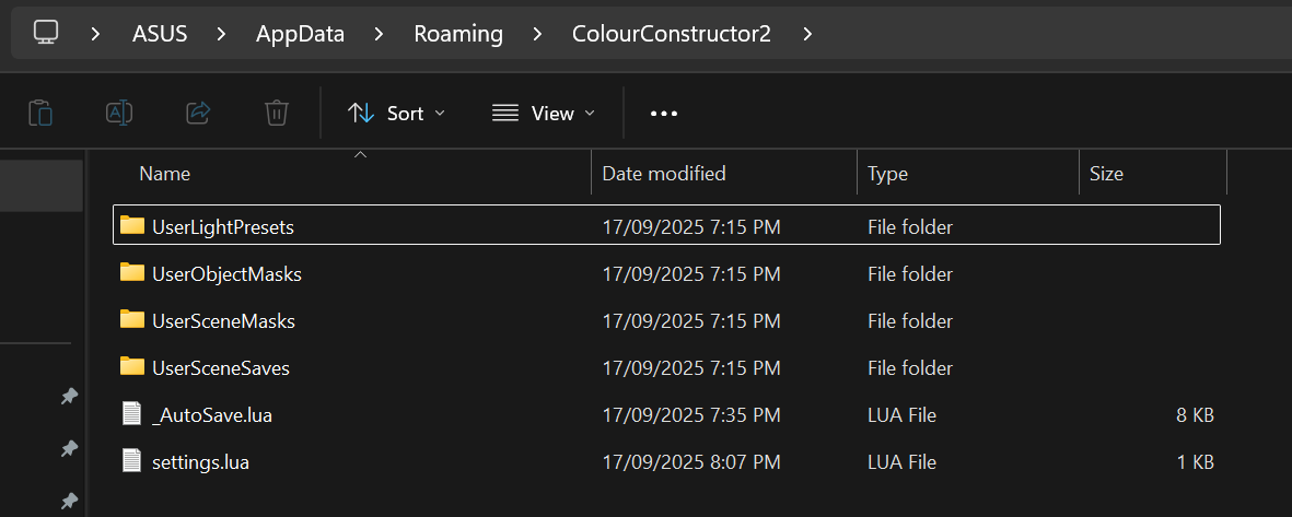 ColourConstructor2 app data folder showing UserLightPresets, UserObjectMasks, UserSceneMasks, and UserSceneSaves subfolders