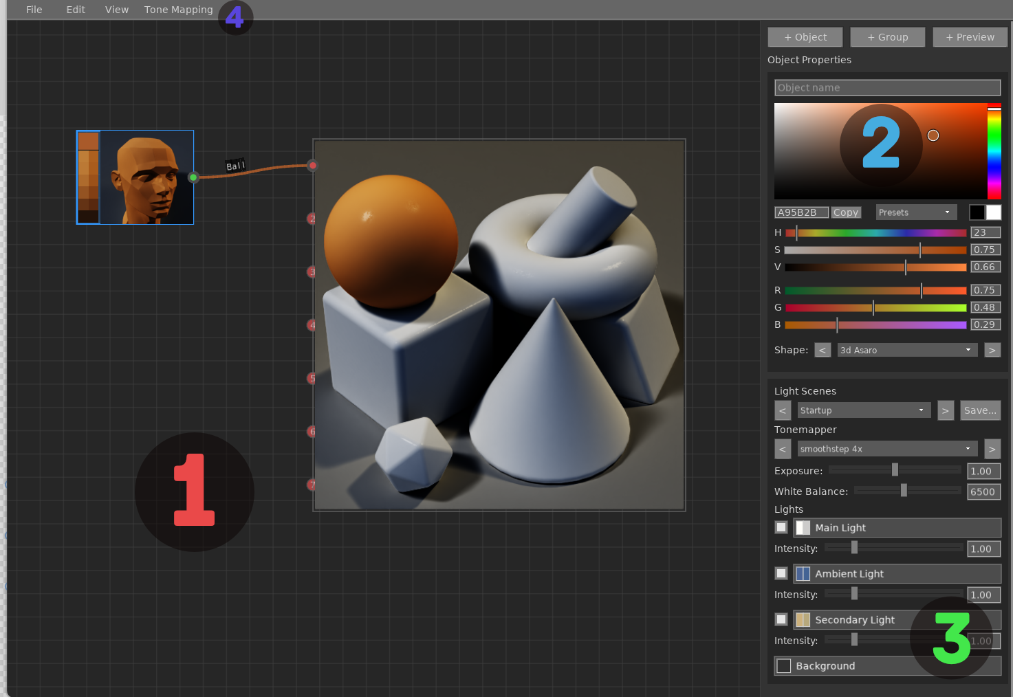 Interface Map showing numbered sections: 1-Tile Grid, 2-Properties Editor, 3-Light Section, 4-Menu Bar