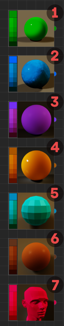 Seven different object types showing 2D and 3D rendering options