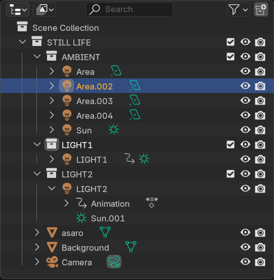 Blender outliner showing Light1, Light2, and Ambient collections structure