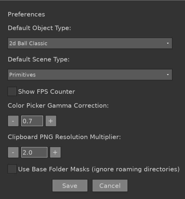 Preferences panel showing default settings, display options, and performance controls