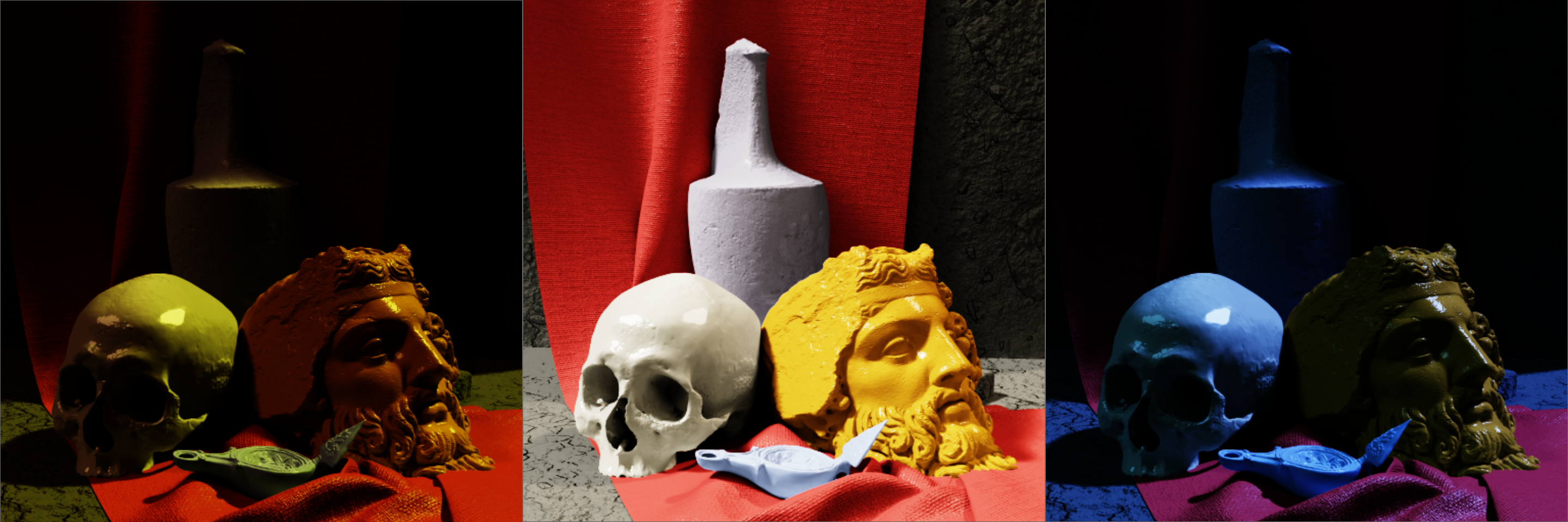 Same color palette shown under three different lighting scenarios - Candlelight, Desert Sun, and Moonlight - demonstrating how lighting affects color perception