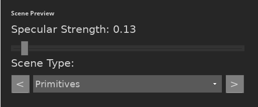 Scene Preview Editor showing scene type dropdown and specular strength slider