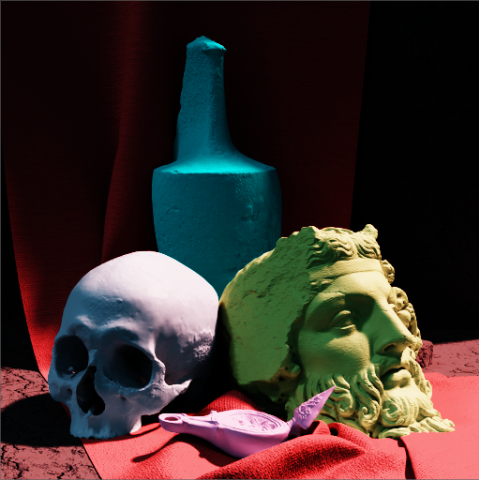 Still life scene with color objects and lighting preview